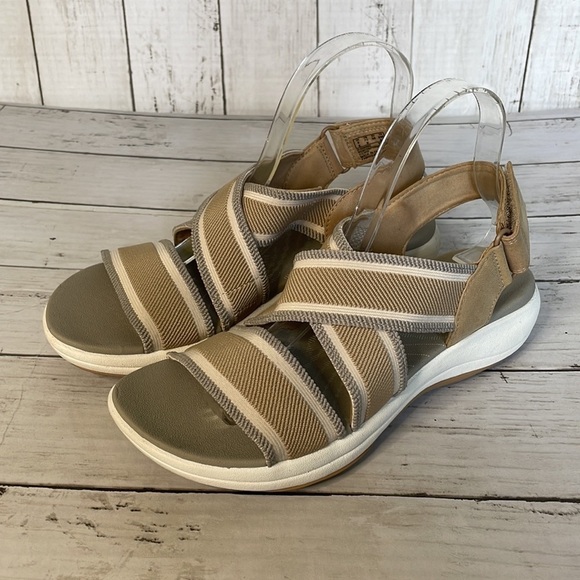 Clarks Mira Lily Tan, Gray and White Elastic Open Toe Sling Back Velcro Sandals - Picture 2 of 13